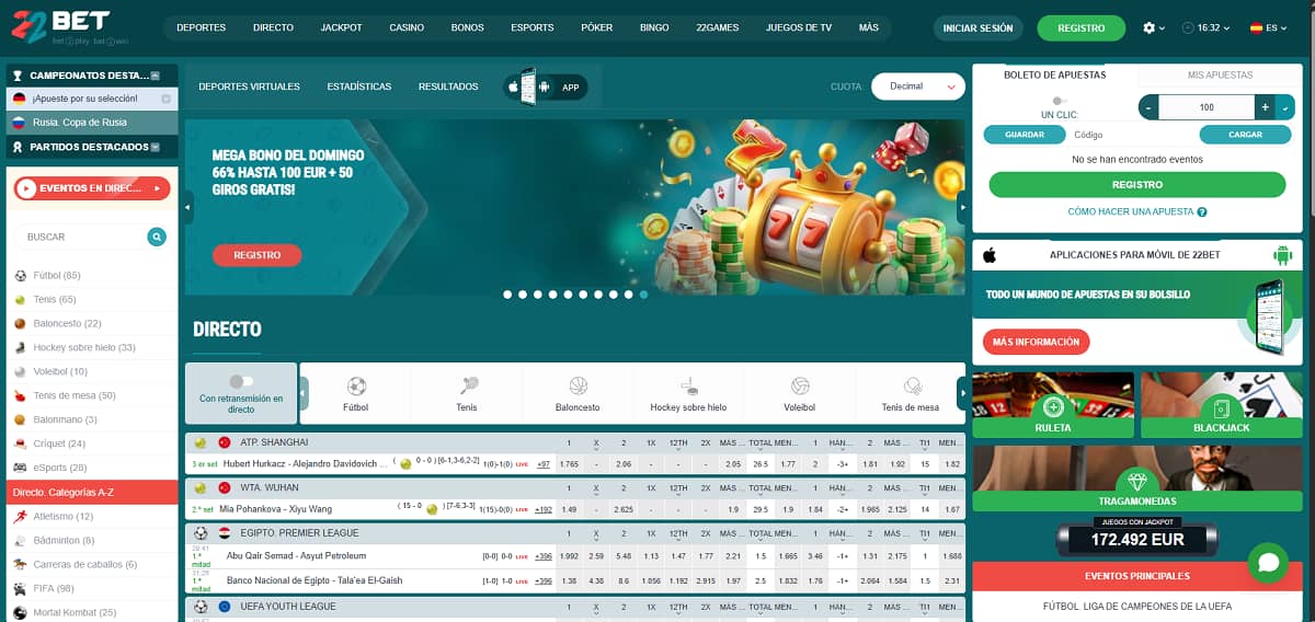 Página principal de 22Bet con apuestas deportivas en vivo, eventos destacados, bono de bienvenida, cuotas en tiempo real y acceso a juegos de casino en una plataforma de apuestas online.