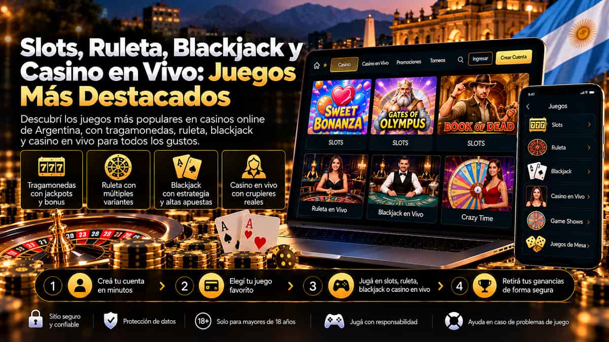 Slots, Ruleta, Blackjack y Casino en Vivo: Juegos Más Destacados con laptop, celular, ruleta, slots y mesas en vivo.