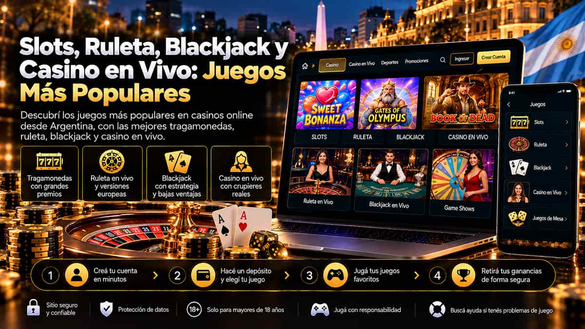 Slots, Ruleta, Blackjack y Casino en Vivo: Juegos Más Populares con laptop, celular y juegos de casino online.
