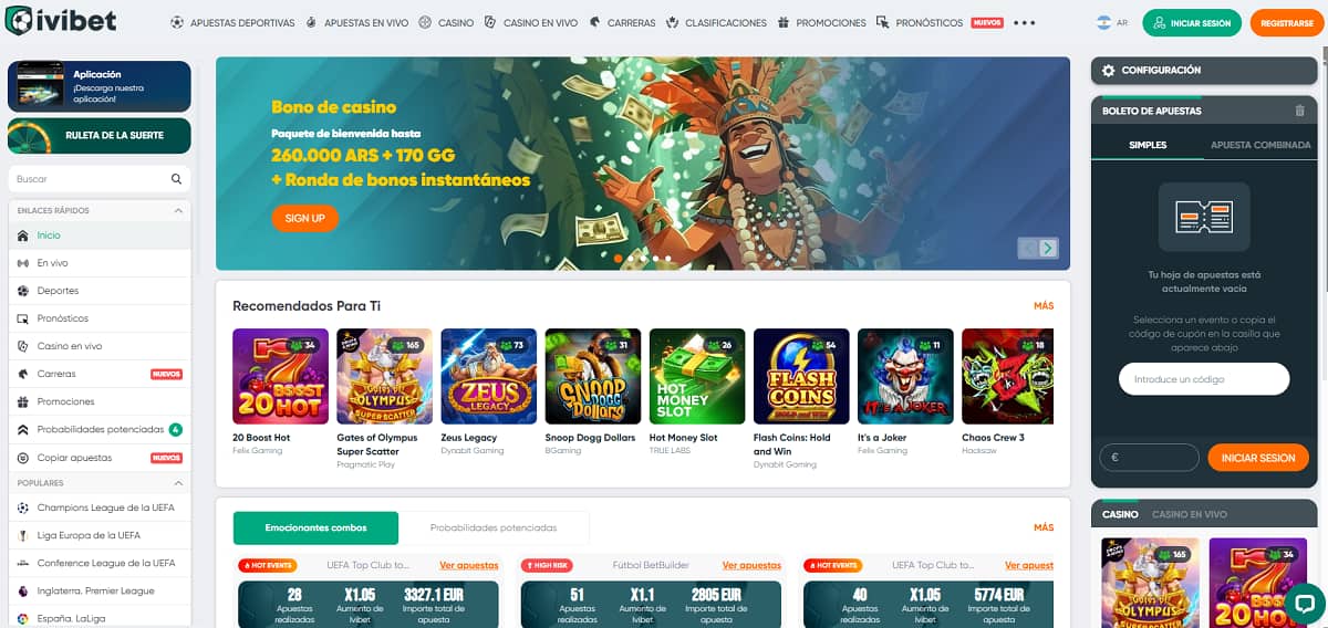 Página principal de Ivibet Casino con promoción de bono de bienvenida, tragamonedas recomendadas, menú de apuestas deportivas y boleto de apuestas lateral en una interfaz moderna de casino online.