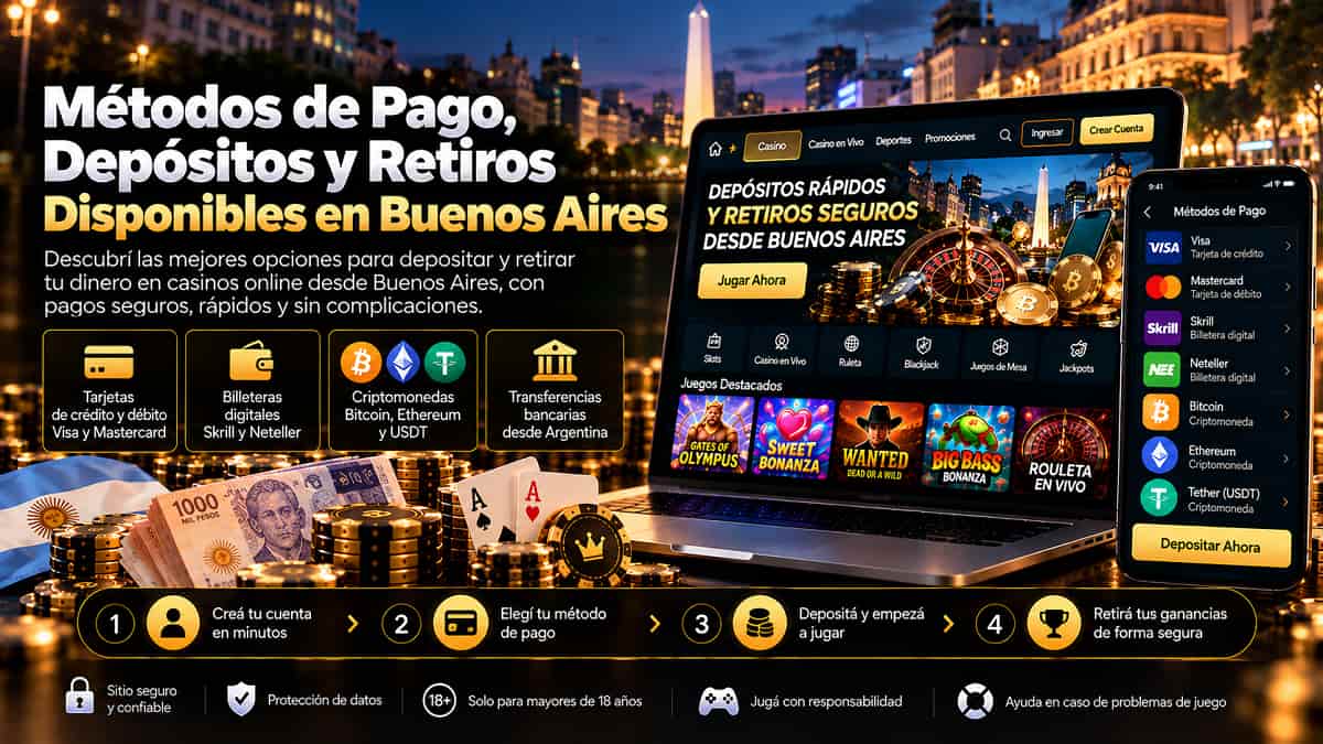 Métodos de Pago, Depósitos y Retiros Disponibles en Buenos Aires con laptop, celular, criptomonedas y opciones de pago.