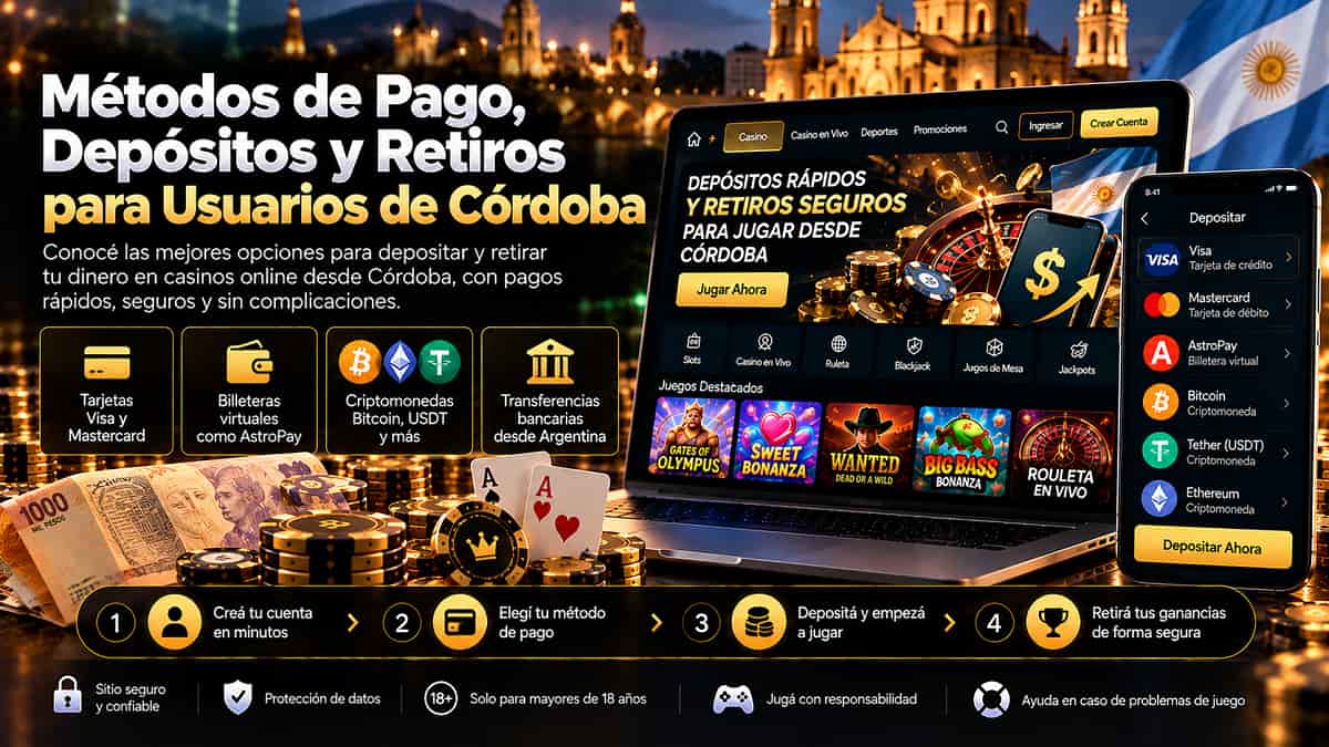 Métodos de Pago, Depósitos y Retiros para Usuarios de Córdoba con laptop, celular y opciones de pago online.